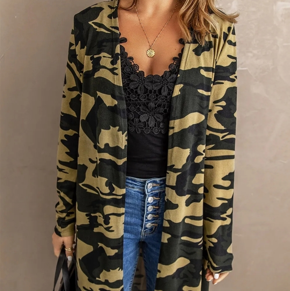 Green Camouflage Open Front Longline Cardigan - Picture 3 of 5